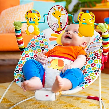 Bright Starts, Babywippe Babyschaukel Safari Fun mit Beruhigenden Vibrationen, Spielbogen mit 2 Spielzeugen, 3-Punkte-Gurt Sitz, Maschinenwaschbares Sitzpolster, ab der Geburt bis 9kg
