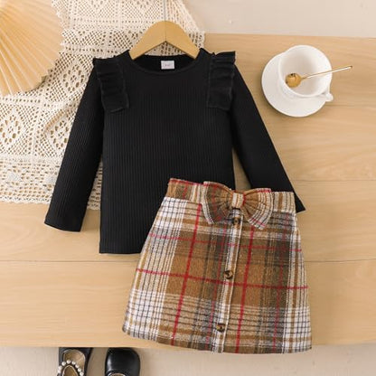 Baby Kinder Mädchen Kleidung Set Rüschen gerippt Langarm Top Fliege Checked Rock 2 Stück Frühling Herbst Kleinkind Outfits Set
