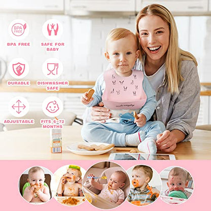 Vicloon Silikon Baby Lätzchen, 2 Stück Baby Lätzchen mit Auffangschale, BPA Frei, Einfache Reinigung, Wasserdicht Silikon-lätzchen für Jungen Mädchen, Kaninchen-Einhorn（Rosa）