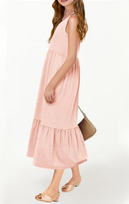 Haloumoning Girls' Dresses Summer Sleeveless Dress Round Neck Tank Top Dress Kids Long Casual Dress Sundress