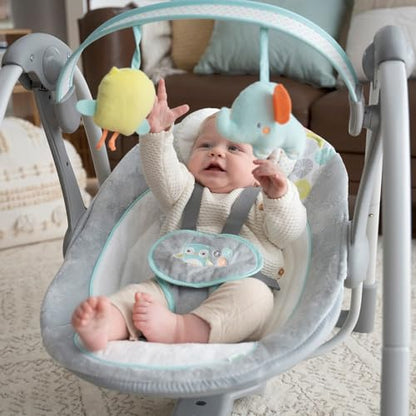 Ingenuity Hugs & Hoots zusammenklappbare & tragbare Babyschaukel, 5 Schaukelgeschwindigkeiten, 8 Melodien, 3 Naturgeräusche, Lautstärkeregulierung und Spielzeugbügel, ab der Geburt bis 9kg