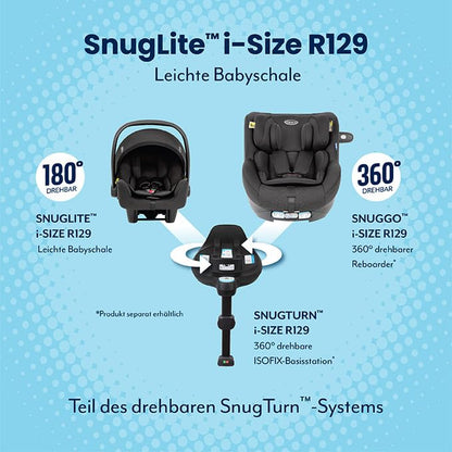Graco SnugLite™ i-Size R129 Babyschale, ab Geburt bis ca. 12 Monate (40 bis 75 cm), leicht, kompatibel mit ISOFIX-Basisstation SnugTurn™ i-Size R129 (separat), Neugeboreneneinlage, schwarz, Midnight - Meloni2