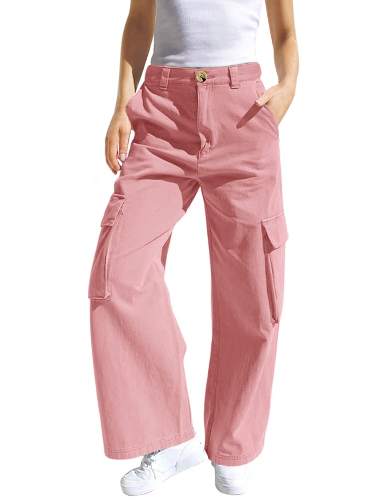 Haloumoning Mädchen Cargohose Baumwoll Y2K Baggy Cargo Hose Kinder Straight Leg Hohe Taille Jogginghose Casual Outdoorhose mit Elastische Taille und Taschen