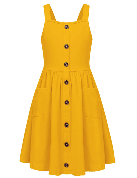 Arshiner Girls Dresses Sleeveless Children's Dress Button Front Strap Dress Summer Cotton Swing Dress Festive A-Line Casual Dress Elegant Dress for Girls 5-14 Years 