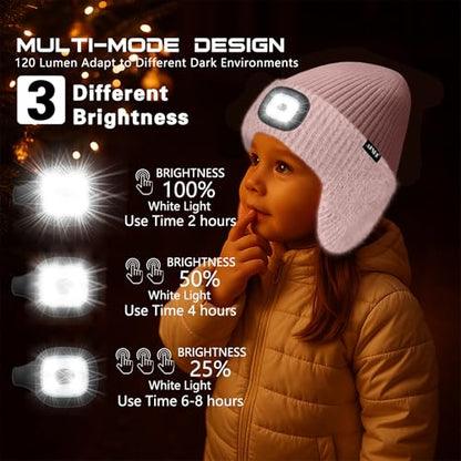 ATNKE Kinder LED Beleuchtete Ohrenklappen Mütze mit Licht,USB Wiederaufladbare 4 LED Laufmütze Stirnlampe Winter Warm Fleece Gefüttert Strick Mütze Geschenke für Jungen und Mädchen