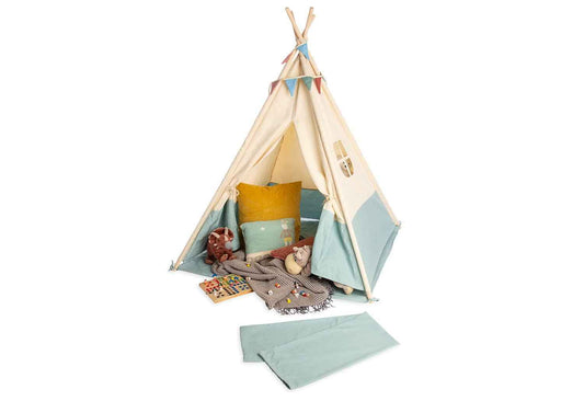 PINOLINO Tipi Zelt für Kinder – Yuma Spielzelt | Indianerzelt mit Fenster, Bodenmatte & Girlande, 120×120×155 cm, schnell montiert, naturweiß/Pastellblau