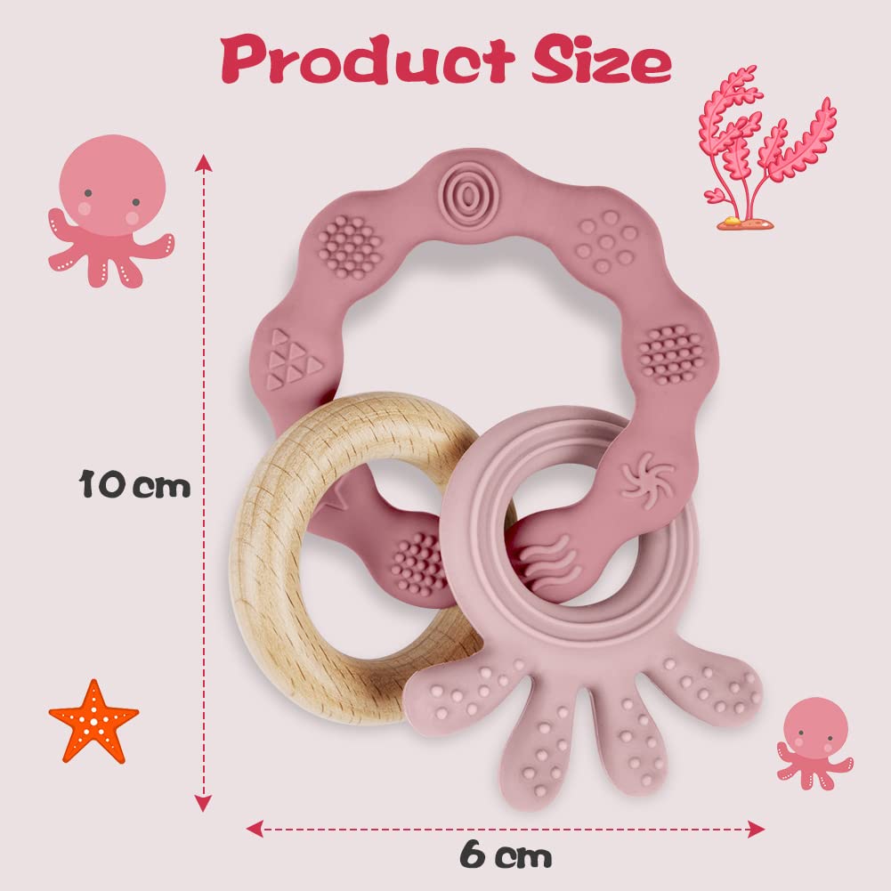 Vicloon Beißring für Babys, Beißring Spielzeug aus Silikon und Holzringe, Baby Zahnungshilfe BPA-frei, Schmerzlindernde Zahnen Nursing Zubehör für ab 3 Monaten Babys(Wal Blau)