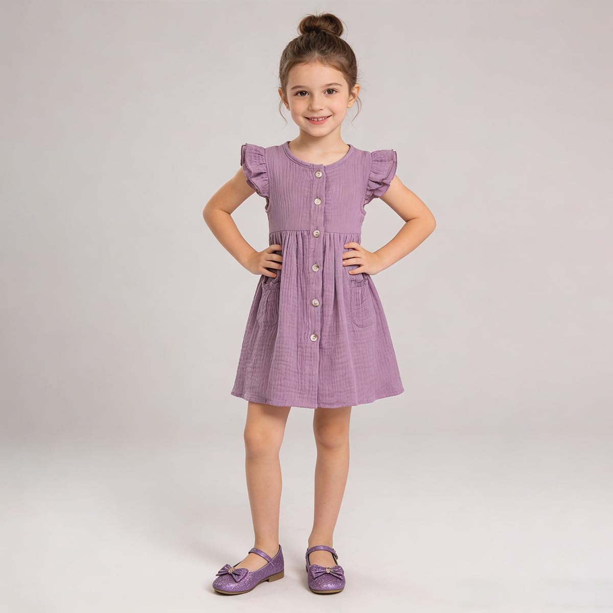 Kleinkinder Mädchen Sommerkleid Rüschenärmel Rundhalsausschnitt Knopfleiste Kleid lässiges Herbst A-Linien Party Kinderkleider 2-6 Jahre