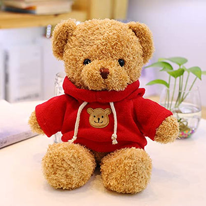 TROYSINC Teddy Bear Soft Fur Teddy Bear with Hood Paw Print Plush Toy Cuddly Toy Stuffed Toy Gift (Red, 30 cm)