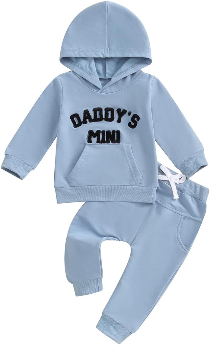 LUVCES Kleinkind Baby Jungen Outfits Langarm Daddy’s Mini Kapuzenpullover Sweatshirts + Hosen 2-teiliges Herbst Winter Frühling Kleidungsset