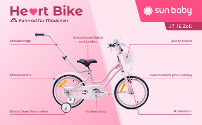sun baby Mädchenfahrrad 12, 14 und 16 Zoll Radgröße Heart Bike zur Auswahl, mit Abnehmbarer Schubstange, Kinderfahrrad für Mädchen von 2 bis 6 Jahre