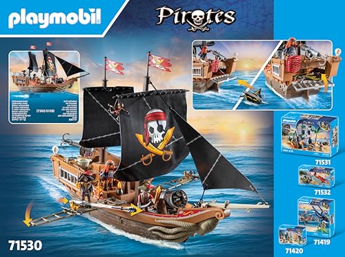 PLAYMOBIL Pirates 71418 Pirate Ship, Exciting Adventures on the High Sea, with Extensive Accessories such as Telescope, Compass and Cannons, Toy for Children from 4 Years