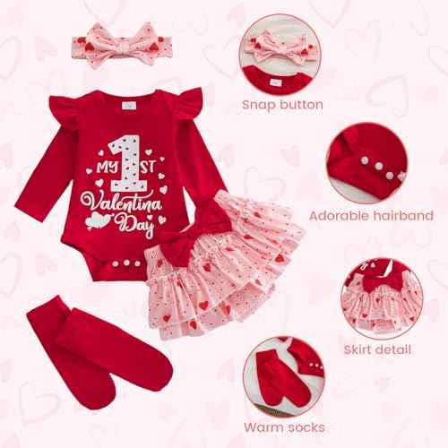 DivingBirds Baby Mädchen Outfit Rüschen Langarm My 1. Valentinstag Osterhase Strampler + Tutu Rock + Strümpfe mit Stirnband Babykleidung Set Neugeborene Fotoshooting Kleid für 0-18 Monate