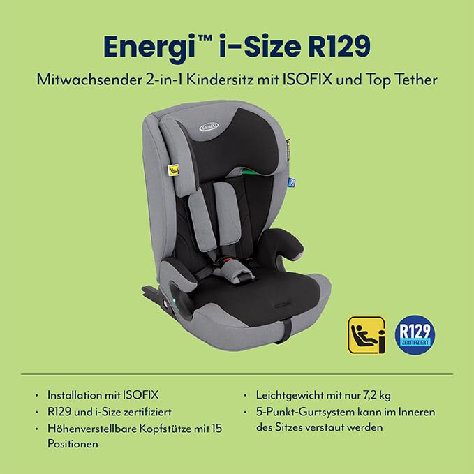 Graco Energi™ i-Size R129 Kindersitz, Autositz vorwärtsgerichtet ab 15 Monaten bis ca. 12 Jahre (76-150 cm), 5-Punkt-Gurtsystem, ISOFIX und Tether, Installation mit Fahrzeuggurt, grau/schwarz, Meteor