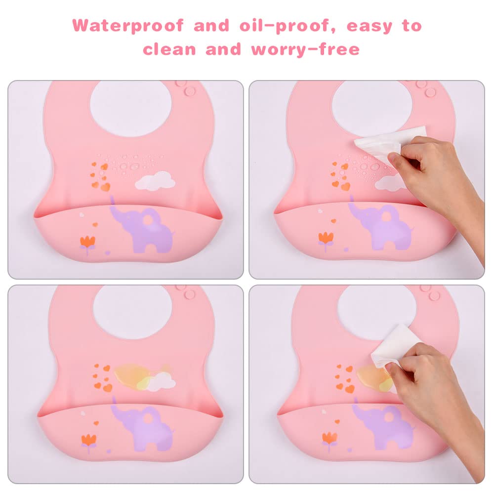 Vicloon Silikon Baby Lätzchen, 2 Stück Baby Lätzchen mit Auffangschale, BPA Frei, Einfache Reinigung, Wasserdicht Silikon-lätzchen für Jungen Mädchen, Kaninchen-Einhorn（Rosa）