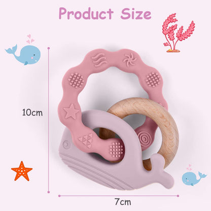 Vicloon Beißring für Babys, Beißring Spielzeug aus Silikon und Holzringe, Baby Zahnungshilfe BPA-frei, Schmerzlindernde Zahnen Nursing Zubehör für ab 3 Monaten Babys(Wal Blau)