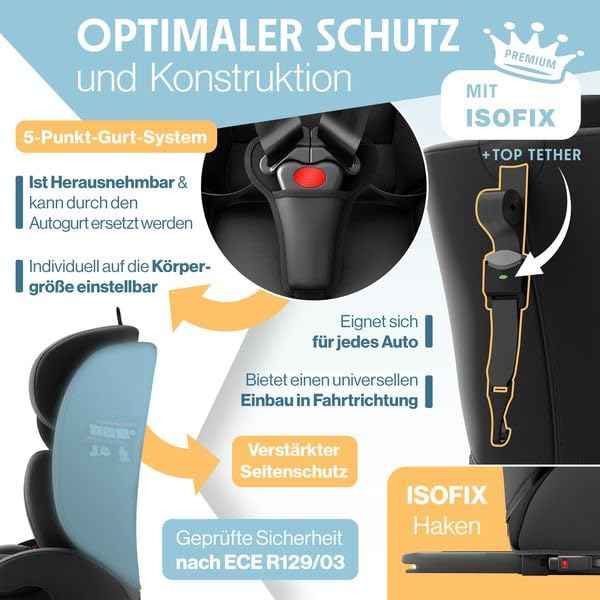 KIDIZ® Autokindersitz mit Isofix i-Size R129 100-150cm bis 12 Jahre, Kinderautositz Gruppe 1/2/3, mitwachsender Kindersitz, 5-Punkt-Gurt & höhenverstellbare Kopfstütze, Sitzerhöhung Auto, Schwarz