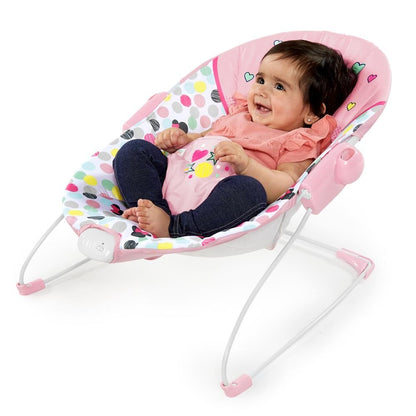 Bright Starts, Disney Baby, Minnie Mouse Spotty Dotty, Babywippe mit Vibrationen, maschinenwaschbarem Sitzpolster, rutschfesten Füßen und 2 Spielzeugen, ab 0 monate
