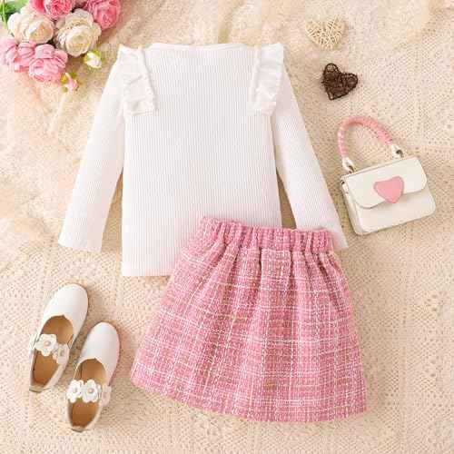 Baby Kids Girls Clothing Set Ruffle Ribbed Long Sleeve Top Bow Tie Checked Skirt 2 Pieces Spring Autumn Toddler Outfits Set