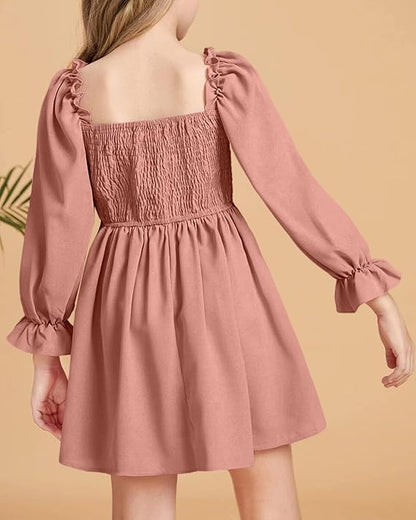 Haloumoning Mädchen Kleid Rüschen Langarmkleid A-Linie Freizeitkleid Chiffon Prinzessin Partykleid Festlich Herbst Winter Kleid für Hochzeit Geburtstag Ball