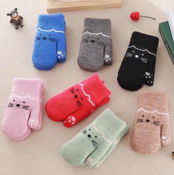 Kids Winter Gloves Mittens Baby Cartoon Mitten Neck Gloves Thick Double Knitted Glove with Plush,0 - 3 years old, Playing, Running, Skiing