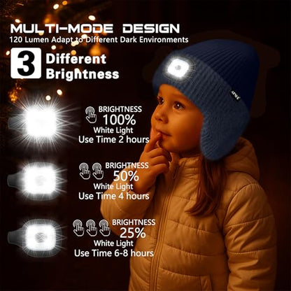 ATNKE Kinder LED Beleuchtete Ohrenklappen Mütze mit Licht,USB Wiederaufladbare 4 LED Laufmütze Stirnlampe Winter Warm Fleece Gefüttert Strick Mütze Geschenke für Jungen und Mädchen
