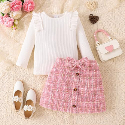 Baby Kinder Mädchen Kleidung Set Rüschen gerippt Langarm Top Fliege Checked Rock 2 Stück Frühling Herbst Kleinkind Outfits Set