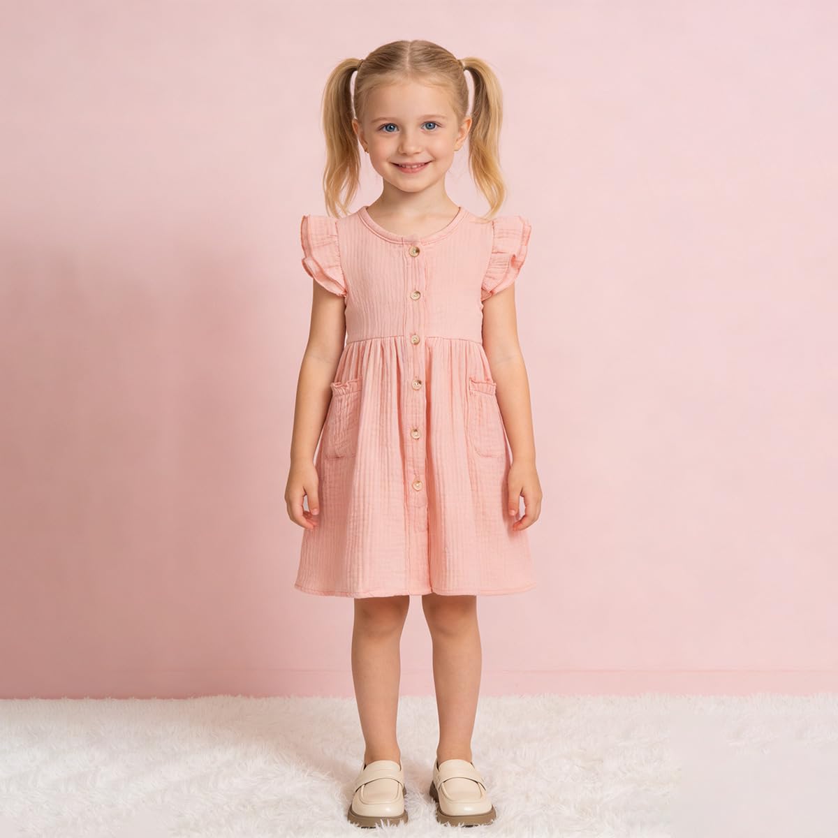 Kleinkinder Mädchen Sommerkleid Rüschenärmel Rundhalsausschnitt Knopfleiste Kleid lässiges Herbst A-Linien Party Kinderkleider 2-6 Jahre