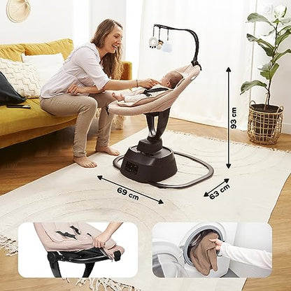 Babymoov Baby Swing Swoon Evolution Curl White - Electric Baby Rocker with 8 Rocking Movements, 360° Rotating Seat, 12 Melodies 