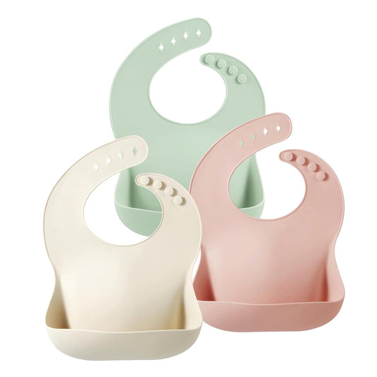 PandaEar 3-Pack Silicone Baby Bibs | Waterproof Bib with Catcher | Adjustable Washable Baby Bibs with Large Food Pocket, BPA-Free 