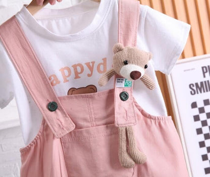ACMEDE 2tlg Baby Mädchen Kleidung Set Gr. 74/80/86/92/98 kinder Kurzarm Oberteil T-Shirt Baumwolle + Sommer Jeans Latzhose Kurz mit Bärenpuppe Bodysuit Jumpsuit shorts Gr. 104/110/116/120