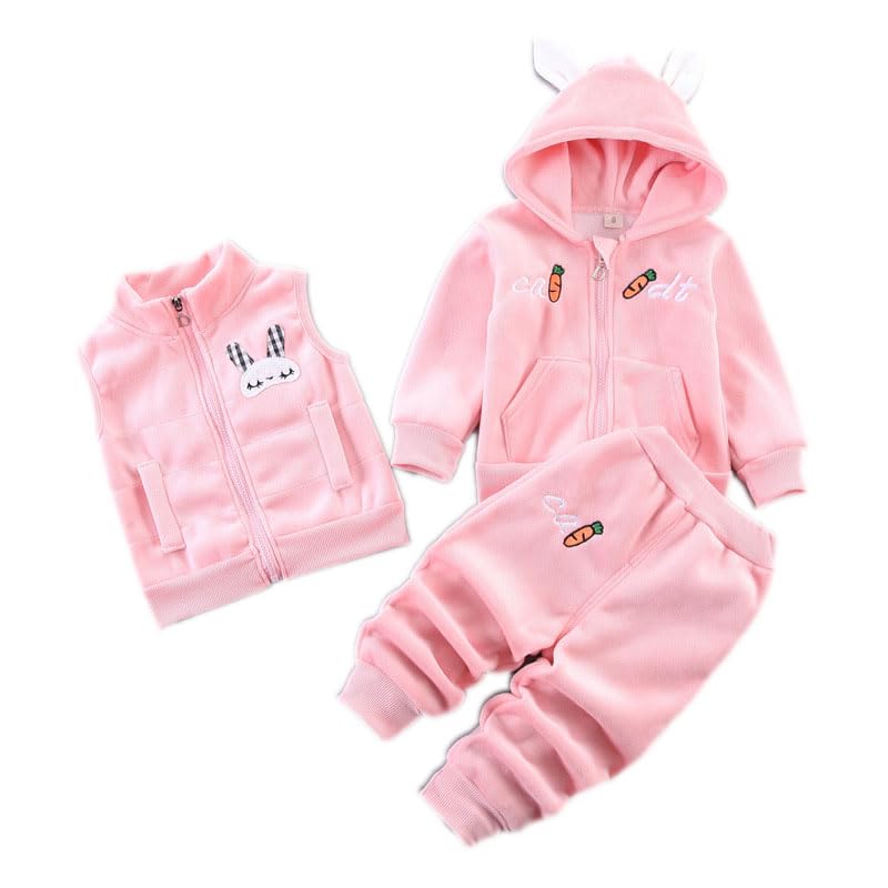 Odziezet Toddler Warm Outfit Children's Hooded Sleeveless Vest Suit Baby Winter Three Piece Outfits Child Long Sleeve Sweatshirt Trousers Sets Babies Cartoon Bear Clothing 0-4 Years