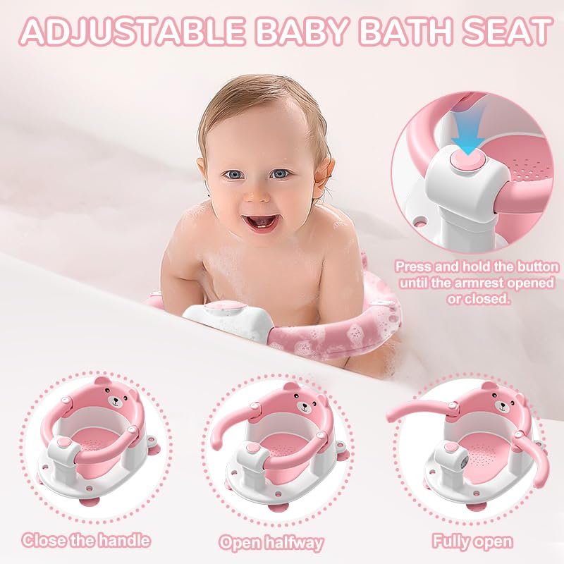 Baby Bath Seat from 6 Months, Bear Non-Slip Bath Seat Baby with 4 Suction Cups and Cushions for Toddlers and Newborns, Safe Portable Bath Chair for Shower or Bathtub, Pink