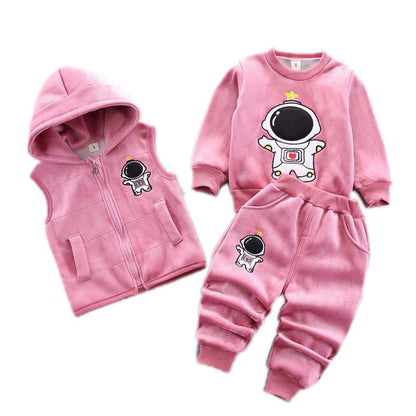 Odziezet Toddler Warm Outfit Children's Hooded Sleeveless Vest Suit Baby Winter Three Piece Outfits Child Long Sleeve Sweatshirt Trousers Sets Babies Cartoon Bear Clothing 0-4 Years
