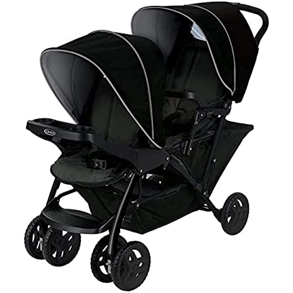 Graco Stadium Duo Geschwisterwagen, Zwillingswagen, 0-15 kg, auch mit Babyschale nutzbar, verstellbare Rückenlehnen, zusammenklappbar, freistehend, großer Staukorb, inkl. Snacktabletts, Titanium