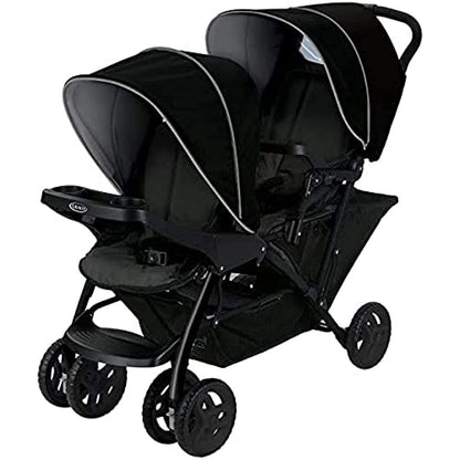 Graco Stadium Duo Geschwisterwagen, Zwillingswagen, 0-15 kg, auch mit Babyschale nutzbar, verstellbare Rückenlehnen, zusammenklappbar, freistehend, großer Staukorb, inkl. Snacktabletts, Titanium