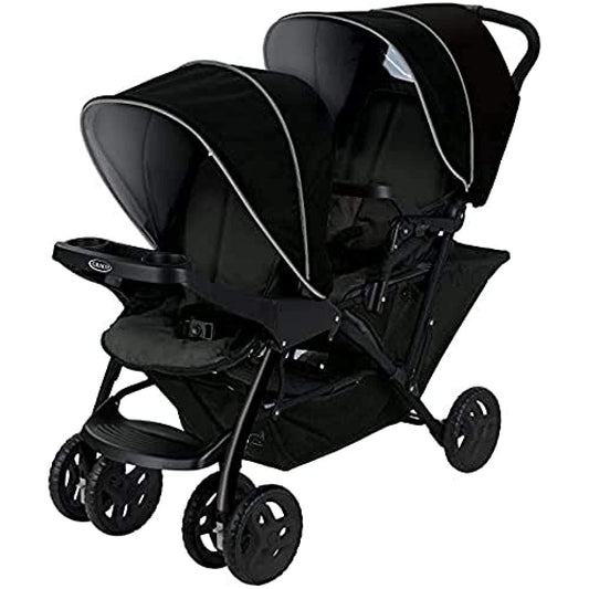 Graco Stadium Duo Geschwisterwagen, Zwillingswagen, 0-15 kg, auch mit Babyschale nutzbar, verstellbare Rückenlehnen, zusammenklappbar, freistehend, großer Staukorb, inkl. Snacktabletts, Titanium