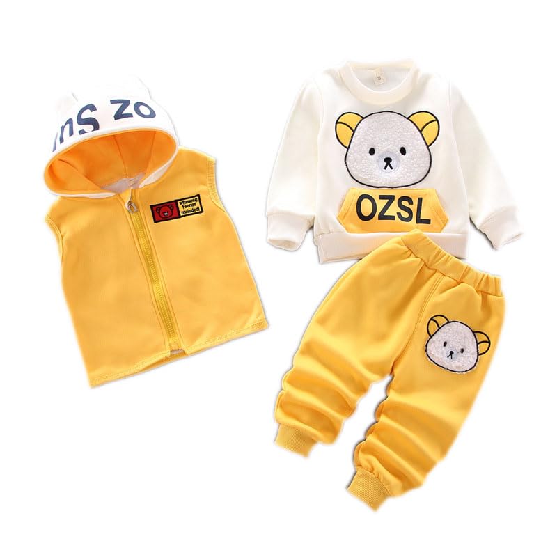 Odziezet Toddler Warm Outfit Children's Hooded Sleeveless Vest Suit Baby Winter Three Piece Outfits Child Long Sleeve Sweatshirt Trousers Sets Babies Cartoon Bear Clothing 0-4 Years