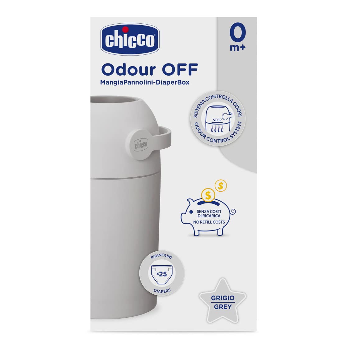 Chicco Windeleimer Odour Off, geruchsdichtes System, platzsparender Baby Windeleimer mit Deckel, einfach zu benutzen und zu reinigen, Ohne Nachfüllkassetten, funktioniert mit herkömmlichen Tüten