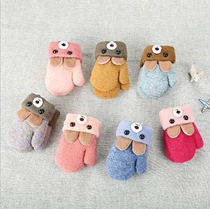 Kids Winter Gloves Mittens Baby Cartoon Mitten Neck Gloves Thick Double Knitted Glove with Plush,0 - 3 years old, Playing, Running, Skiing