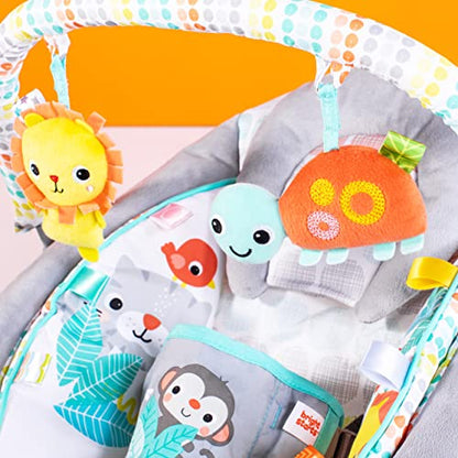 Bright Starts, Babywippe Babyschaukel mit beruhigenden Vibrationen, Babysitz, Musik, abnehmbarer Spielbügel, 0-6 Monate, bis zu 20 lbs (Whimsical Wild)