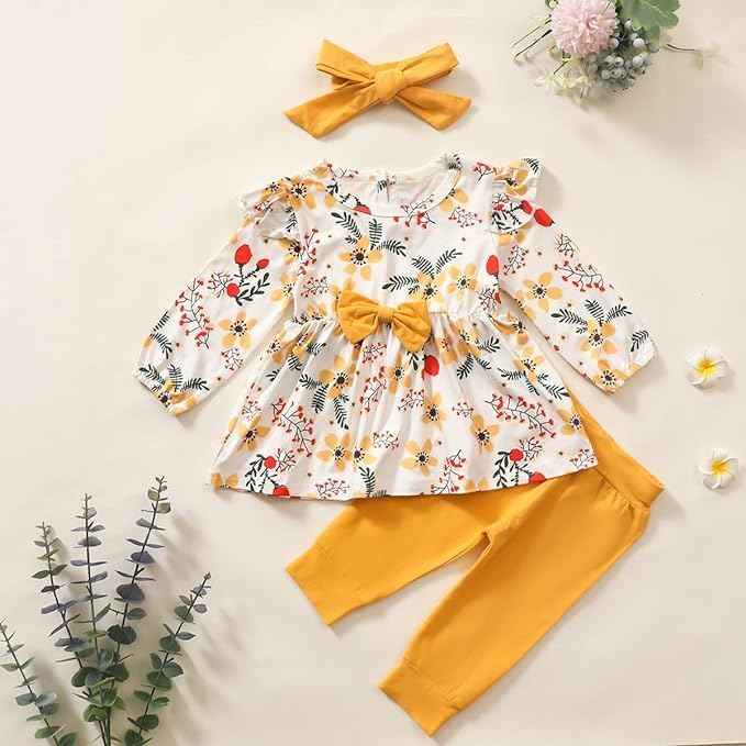 Juflam Baby Mädchen Kleidung Bow Floral Rüsche Langarm Top+ Hosen+Stirnband 3Pcs Bekleidungssets