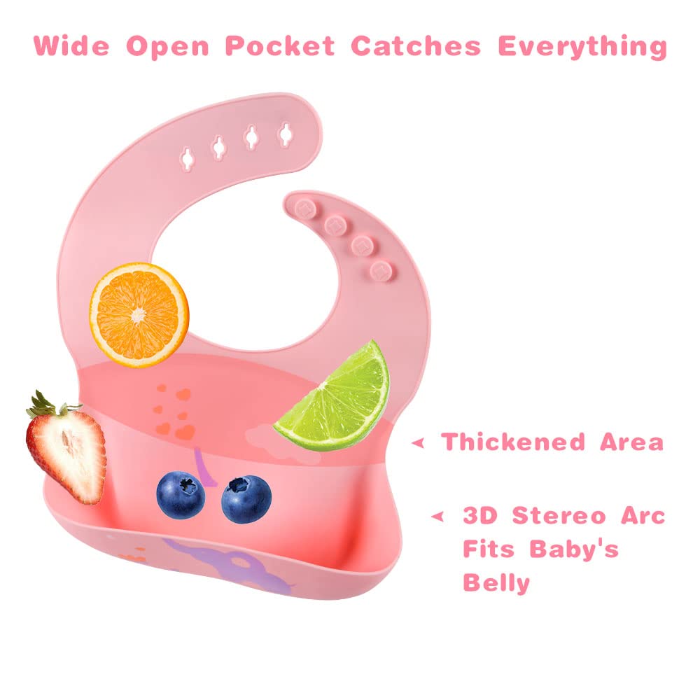 Vicloon Silikon Baby Lätzchen, 2 Stück Baby Lätzchen mit Auffangschale, BPA Frei, Einfache Reinigung, Wasserdicht Silikon-lätzchen für Jungen Mädchen, Kaninchen-Einhorn（Rosa）