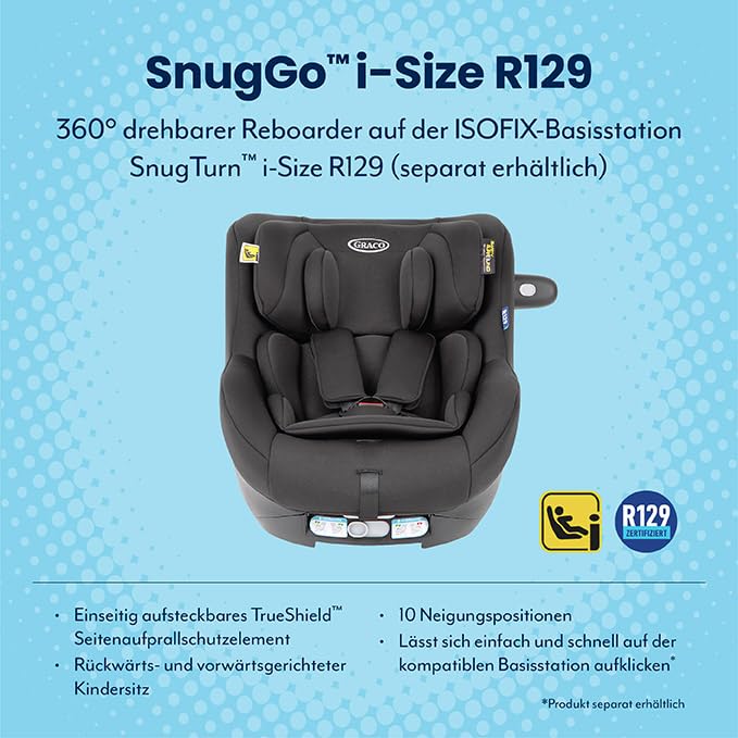 Graco SnugLite™ i-Size R129 Babyschale, ab Geburt bis ca. 12 Monate (40 bis 75 cm), leicht, kompatibel mit ISOFIX-Basisstation SnugTurn™ i-Size R129 (separat), Neugeboreneneinlage, schwarz, Midnight - Meloni2