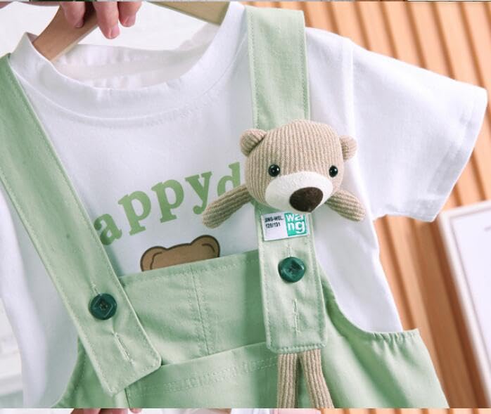 ACMEDE 2tlg Baby Mädchen Kleidung Set Gr. 74/80/86/92/98 kinder Kurzarm Oberteil T-Shirt Baumwolle + Sommer Jeans Latzhose Kurz mit Bärenpuppe Bodysuit Jumpsuit shorts Gr. 104/110/116/120