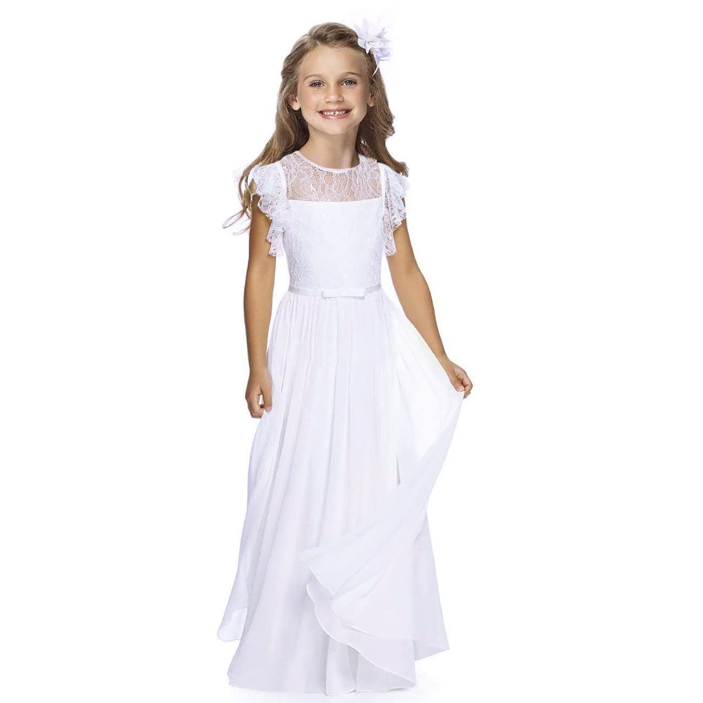 TYHTYM Blumenmädchen Kleid, Festzug, Hochzeit, Spitzenkleid, Abschlussballkleid, Mädchen, Partykleid, Flattern Ärmel, Weiß