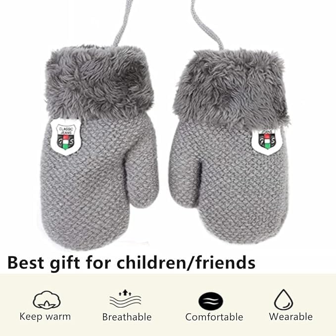 AVJERA 1-3 Jahre Baby Winter Handschuhe Kinder Gestrickte Fäustlinge Warm Verdickte Kinderhandsche Fausthandschuh mit Schnur Outdoor Weich Winterhandschuhe Skihandschuhe Handwärmer für Jungen Mädchen