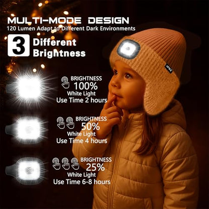 ATNKE Kinder LED Beleuchtete Ohrenklappen Mütze mit Licht,USB Wiederaufladbare 4 LED Laufmütze Stirnlampe Winter Warm Fleece Gefüttert Strick Mütze Geschenke für Jungen und Mädchen