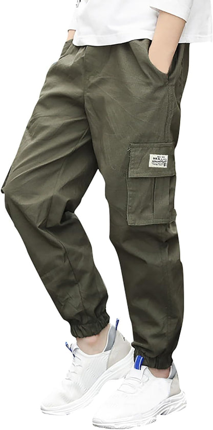 Deekynoop Children's Cargo Trousers Boys Twil Cargo Jogging Bottoms with Elastic Waistband