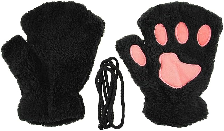 AfinderDE Half Gloves Fingerless Gloves Women Girls Plush Half Thick Warm Finger Gloves Cartoon Animal Bear Cat Claws Winter Gloves